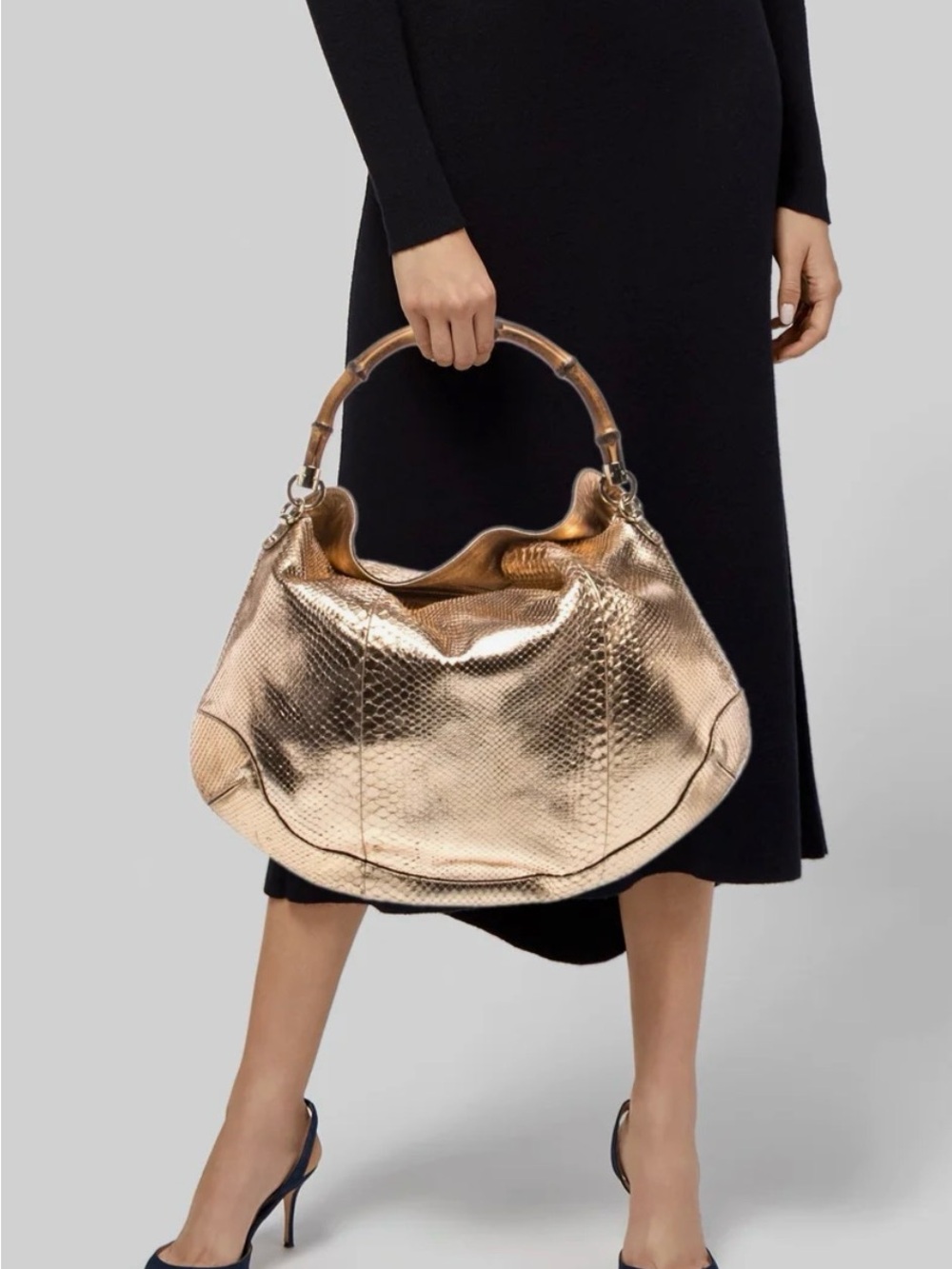 Metallic Gold Hobo Bag with Bamboo Handle